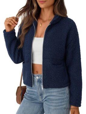 Women's Teddy Fleece Full Zip Jacket Stand Collar Casual Coat Pockets